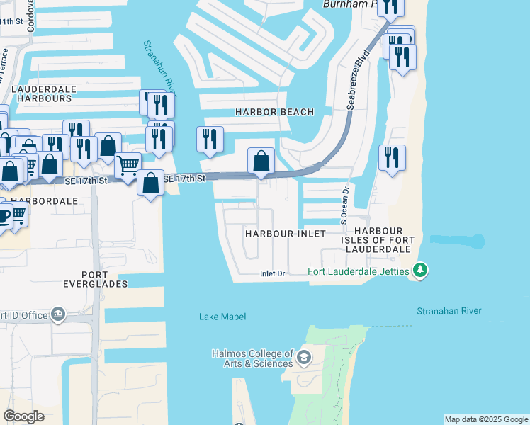 map of restaurants, bars, coffee shops, grocery stores, and more near 1816 Admirals Way Southeast 24th Avenue in Fort Lauderdale