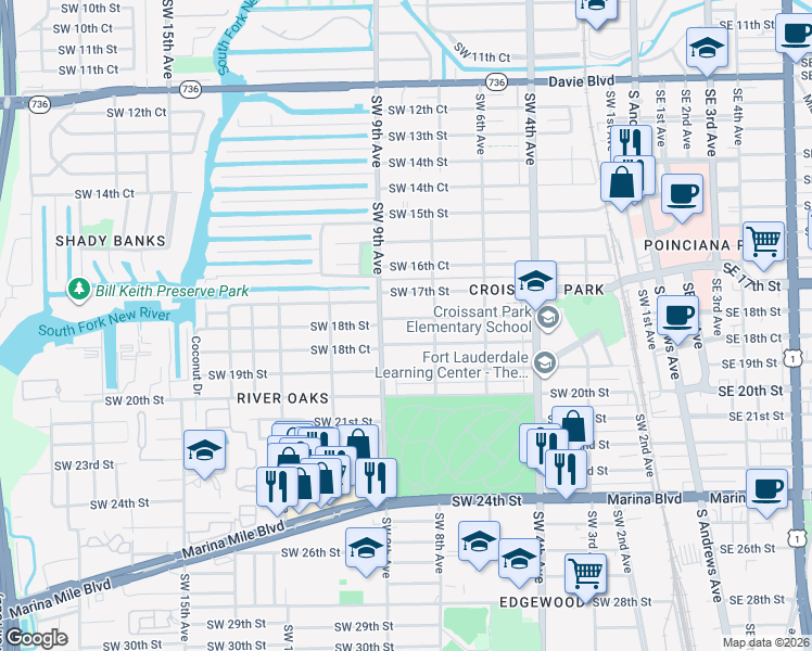 map of restaurants, bars, coffee shops, grocery stores, and more near 829 Southwest 18th Court in Fort Lauderdale