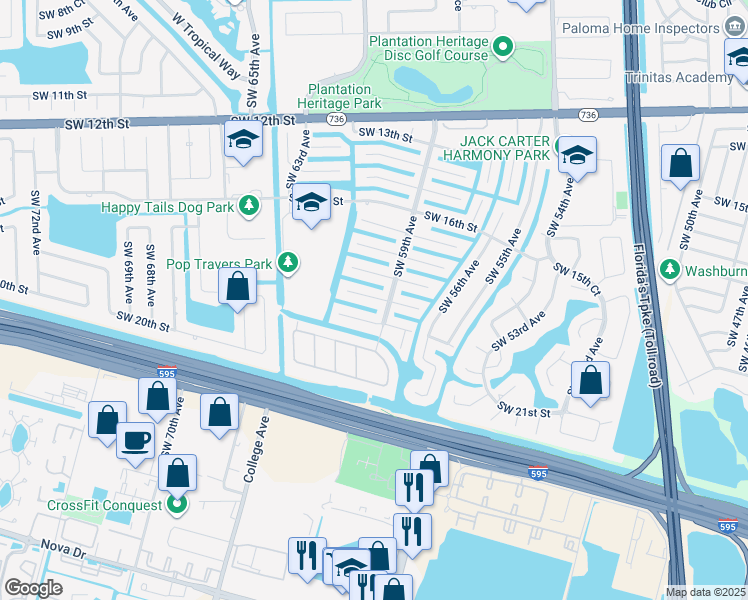 map of restaurants, bars, coffee shops, grocery stores, and more near 5900 Southwest 18th Street in Plantation