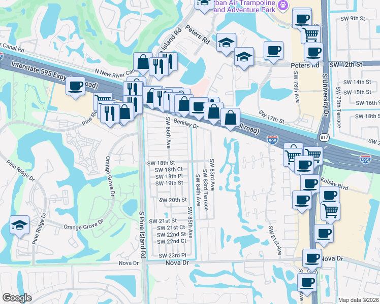 map of restaurants, bars, coffee shops, grocery stores, and more near 8508 Southwest 17th Court in Davie
