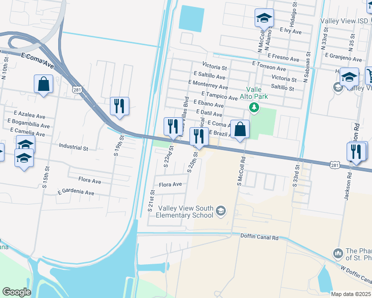 map of restaurants, bars, coffee shops, grocery stores, and more near 2206 U.S. 281 in Hidalgo