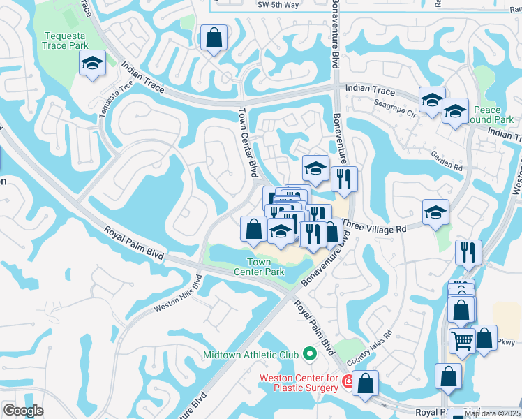 map of restaurants, bars, coffee shops, grocery stores, and more near 1620 Passion Vine Circle in Weston