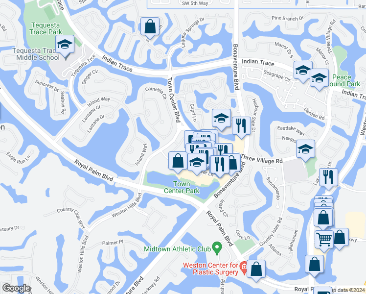 map of restaurants, bars, coffee shops, grocery stores, and more near 1655 Passion Vine Circle in Weston