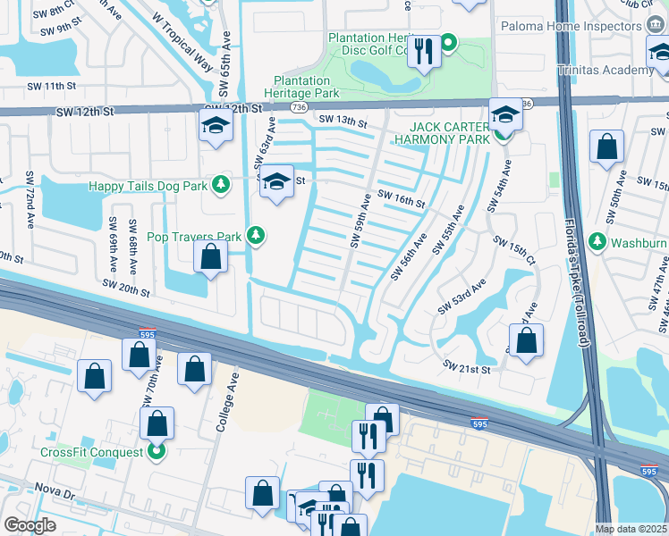 map of restaurants, bars, coffee shops, grocery stores, and more near 5900 Southwest 18th Street in Plantation