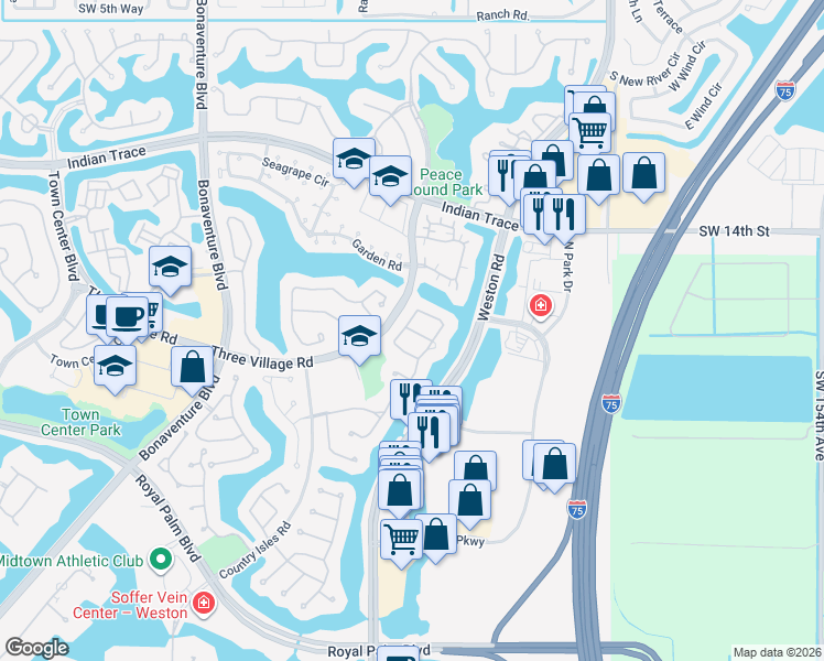 map of restaurants, bars, coffee shops, grocery stores, and more near 1717 Breakers Way in Weston