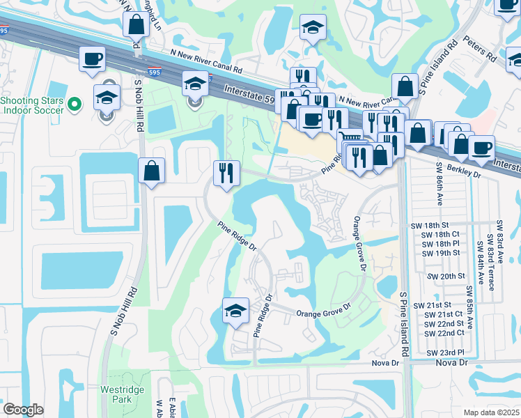 map of restaurants, bars, coffee shops, grocery stores, and more near 9450 Poinciana Place in Davie