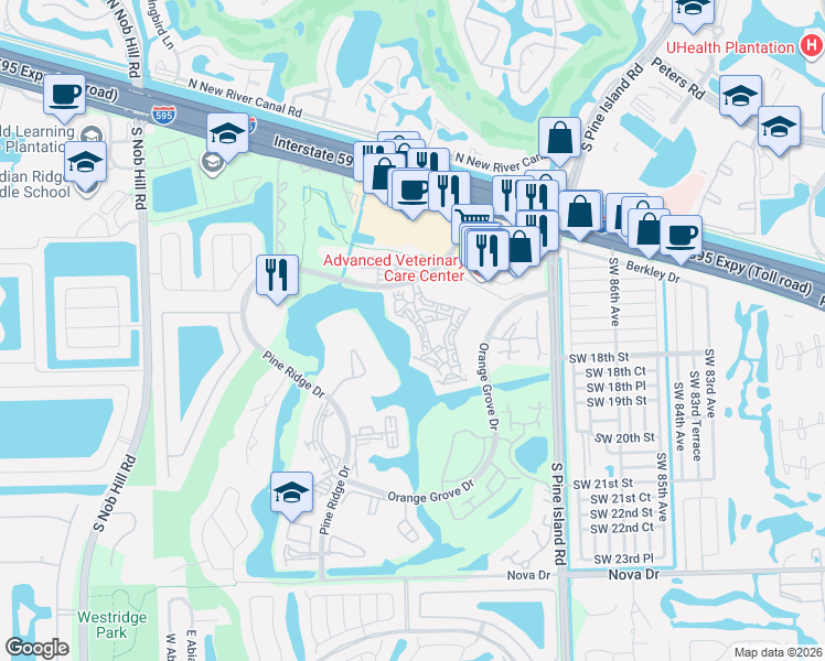 map of restaurants, bars, coffee shops, grocery stores, and more near 1526 Whitehall Drive in Davie