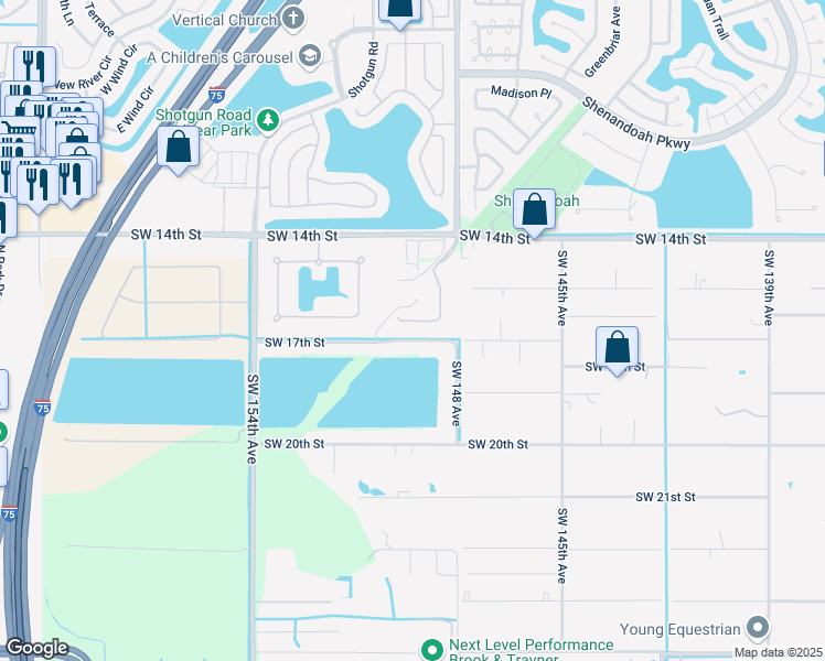map of restaurants, bars, coffee shops, grocery stores, and more near 14892 Southwest 17th Street in Davie