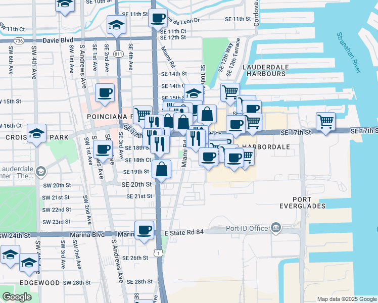 map of restaurants, bars, coffee shops, grocery stores, and more near 812 Southeast 18th Court in Fort Lauderdale