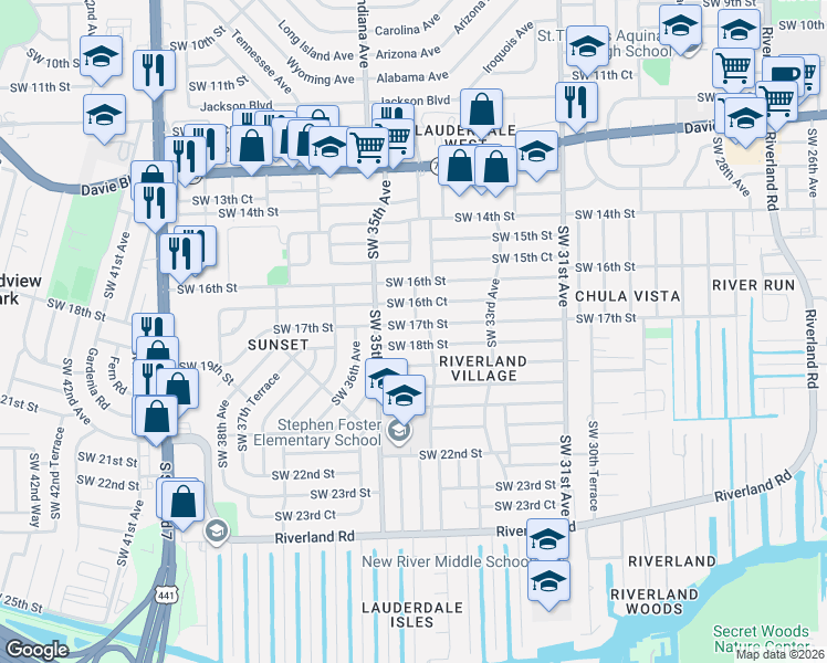 map of restaurants, bars, coffee shops, grocery stores, and more near 3440 Southwest 18th Street in Fort Lauderdale