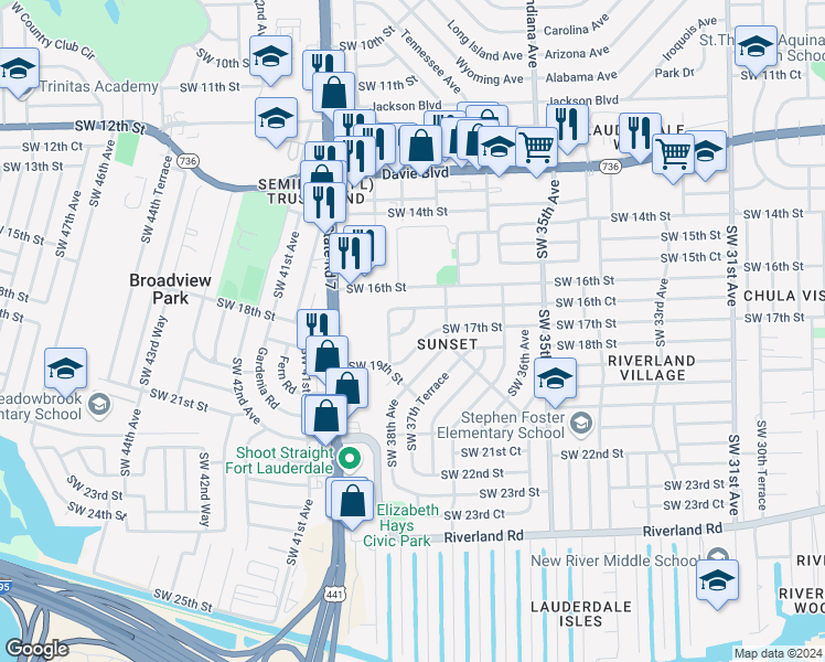 map of restaurants, bars, coffee shops, grocery stores, and more near 3768 Southwest 17th Street in Fort Lauderdale