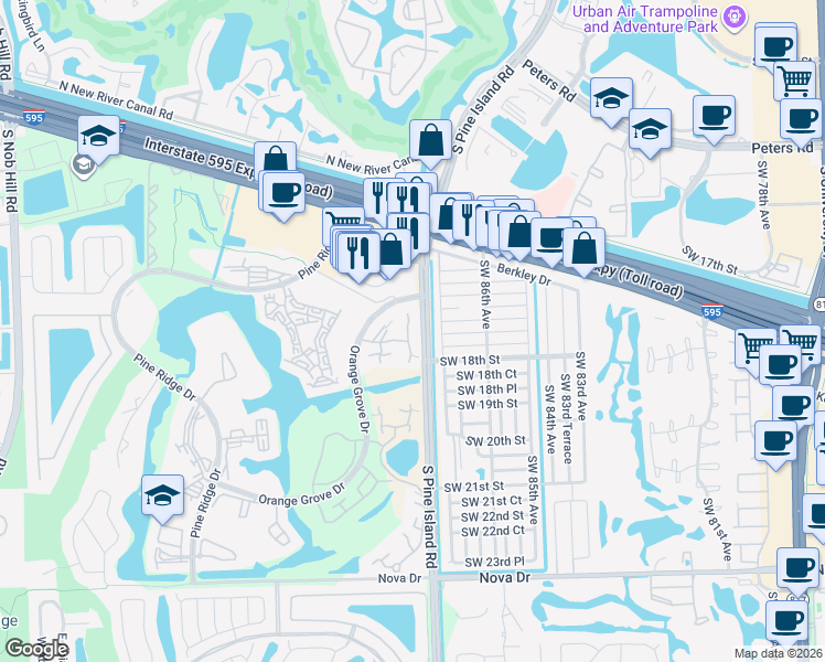 map of restaurants, bars, coffee shops, grocery stores, and more near 9107B Southwest 20th Street in Davie