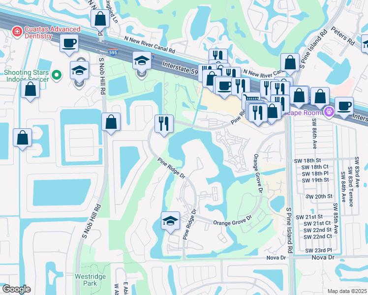 map of restaurants, bars, coffee shops, grocery stores, and more near 9450 Poinciana Place in Davie