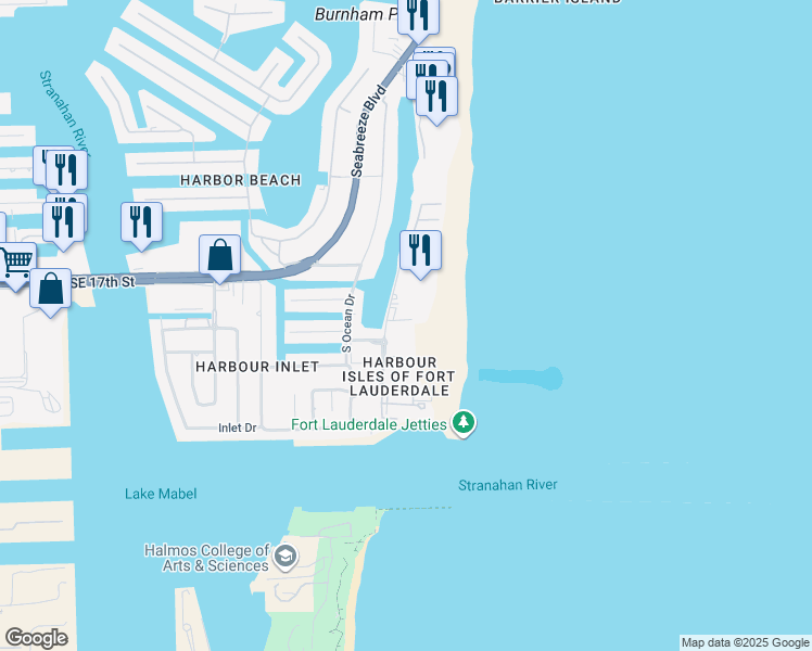 map of restaurants, bars, coffee shops, grocery stores, and more near 1850 South Ocean Lane in Fort Lauderdale