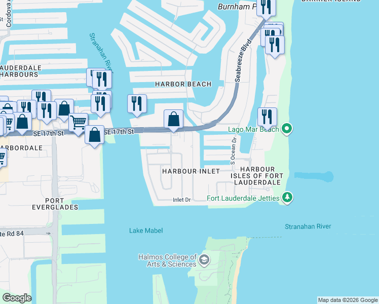 map of restaurants, bars, coffee shops, grocery stores, and more near 1816 Admirals Way Southeast 24th Avenue in Fort Lauderdale