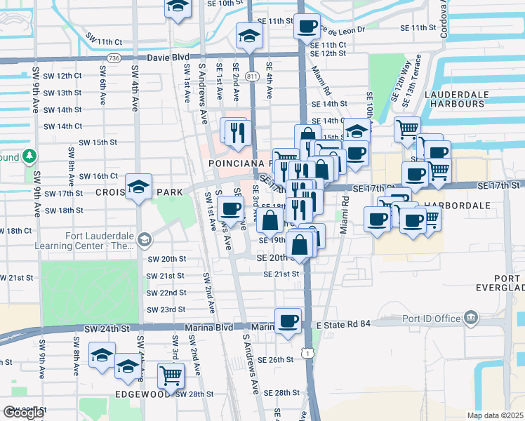 map of restaurants, bars, coffee shops, grocery stores, and more near 399 Southeast 18th Court in Fort Lauderdale