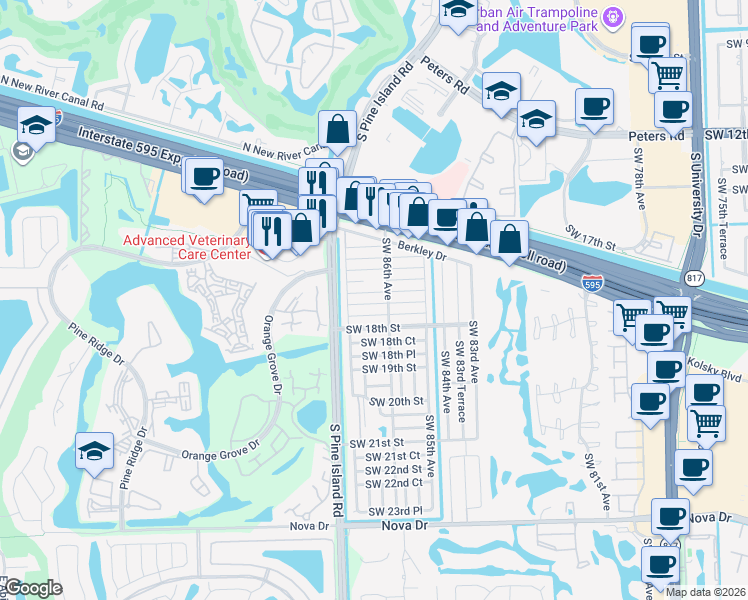 map of restaurants, bars, coffee shops, grocery stores, and more near 8625 Southwest 17th Street in Davie