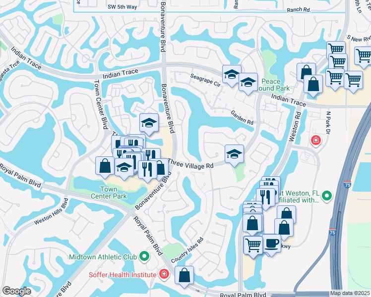 map of restaurants, bars, coffee shops, grocery stores, and more near 1710 Harbour Side Drive in Weston