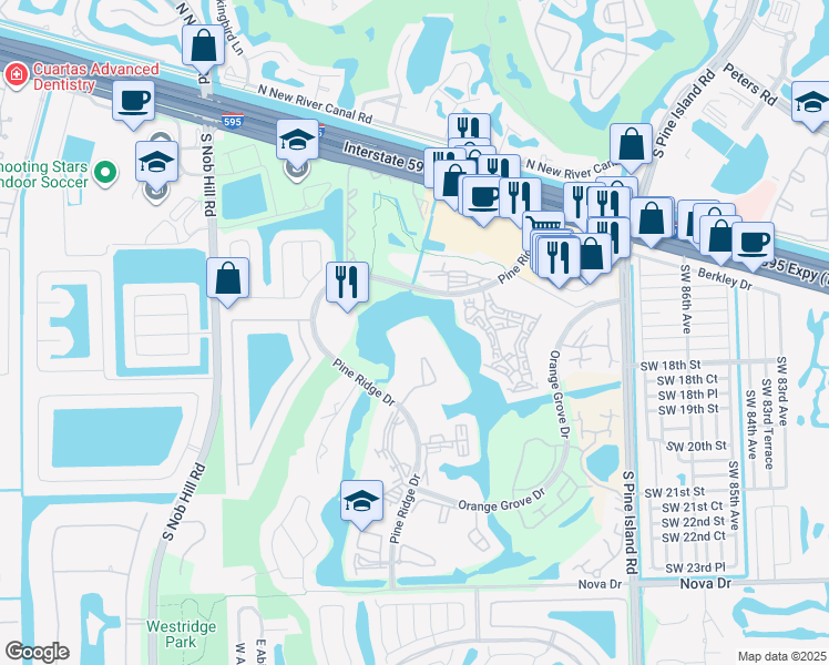 map of restaurants, bars, coffee shops, grocery stores, and more near 9460 Poinciana Place in Davie