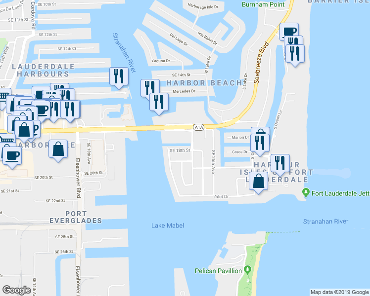 map of restaurants, bars, coffee shops, grocery stores, and more near 2215 Southeast 19th Street in Fort Lauderdale
