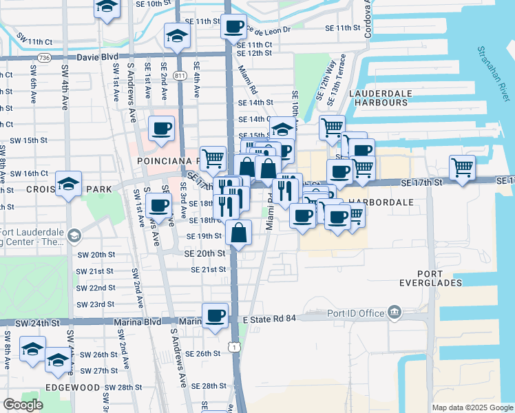 map of restaurants, bars, coffee shops, grocery stores, and more near 814 Southeast 18th Court in Fort Lauderdale