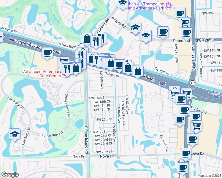 map of restaurants, bars, coffee shops, grocery stores, and more near 8508 Southwest 17th Court in Davie