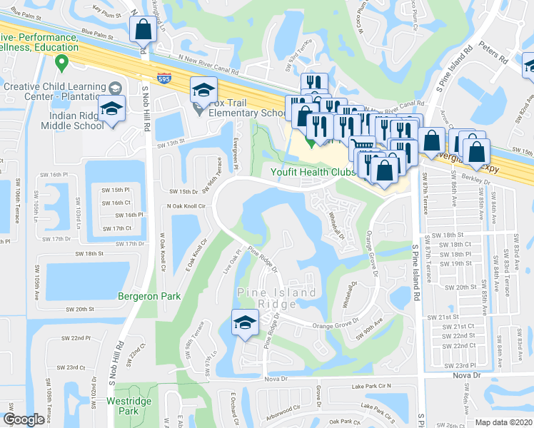 map of restaurants, bars, coffee shops, grocery stores, and more near 9460 Poinciana Place in Davie