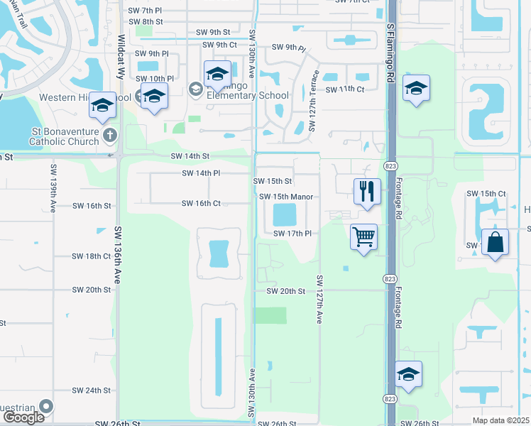 map of restaurants, bars, coffee shops, grocery stores, and more near 1711 Southwest 129th Way in Davie