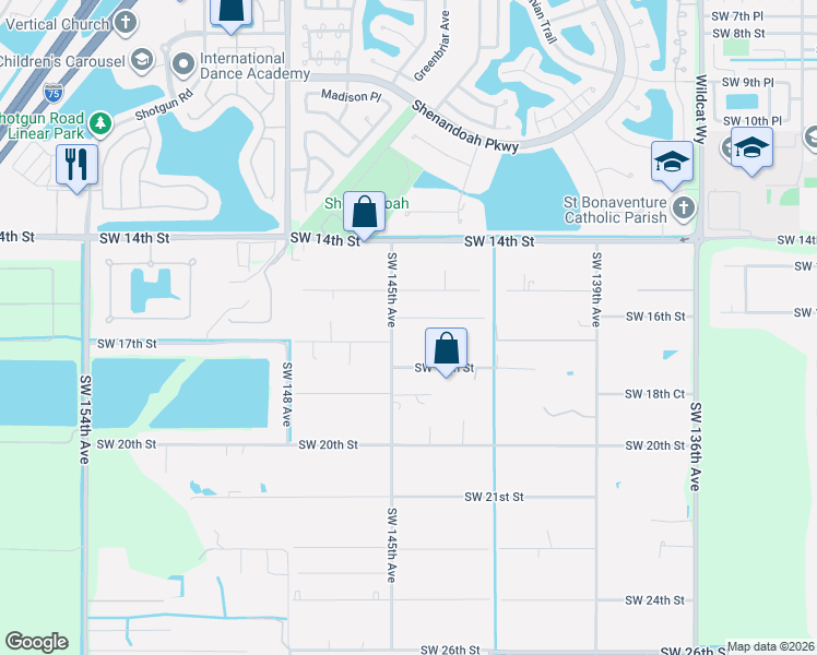map of restaurants, bars, coffee shops, grocery stores, and more near 14461 Southwest 17th Street in Davie