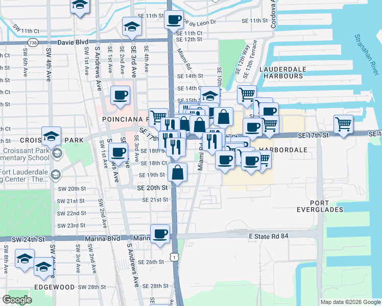 map of restaurants, bars, coffee shops, grocery stores, and more near 812 Southeast 18th Court in Fort Lauderdale