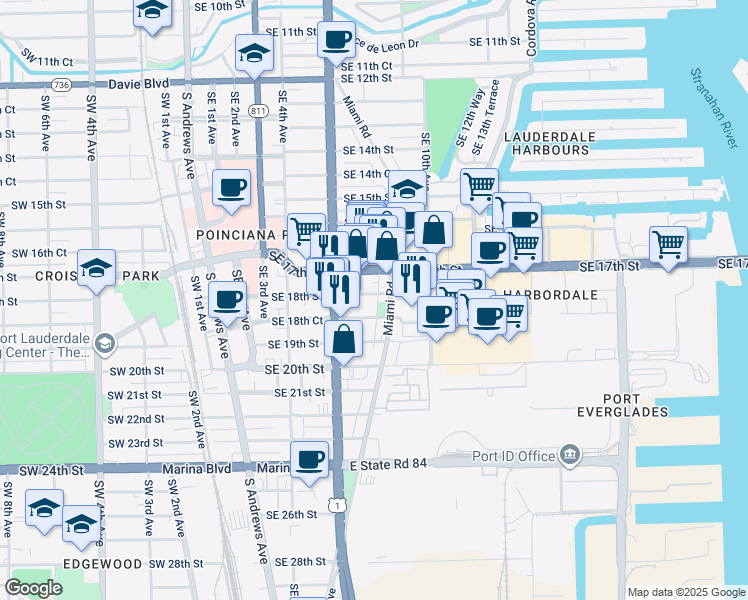 map of restaurants, bars, coffee shops, grocery stores, and more near 814 Southeast 18th Court in Fort Lauderdale