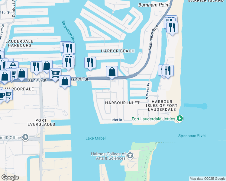 map of restaurants, bars, coffee shops, grocery stores, and more near 1790 Harbour Inlet Drive in Fort Lauderdale