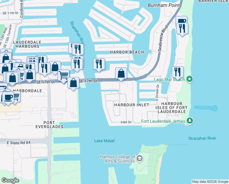 map of restaurants, bars, coffee shops, grocery stores, and more near 2215 Southeast 19th Street in Fort Lauderdale