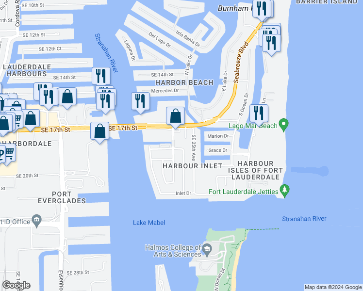 map of restaurants, bars, coffee shops, grocery stores, and more near 1816 Admirals Way Southeast 24th Avenue in Fort Lauderdale
