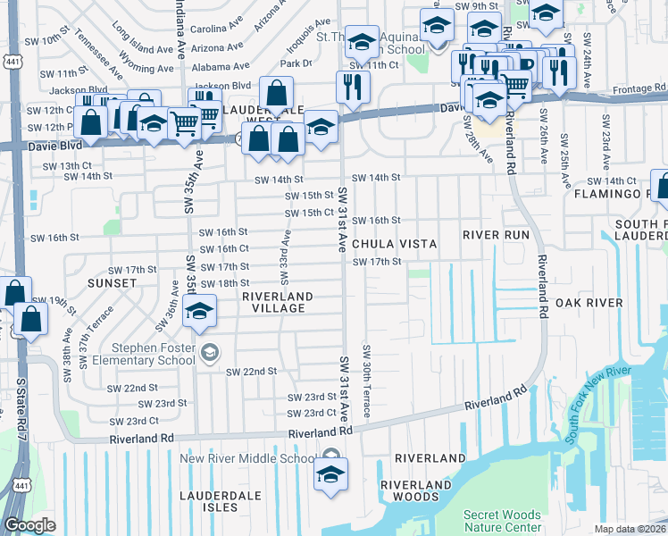 map of restaurants, bars, coffee shops, grocery stores, and more near 1750 Southwest 31st Avenue in Fort Lauderdale