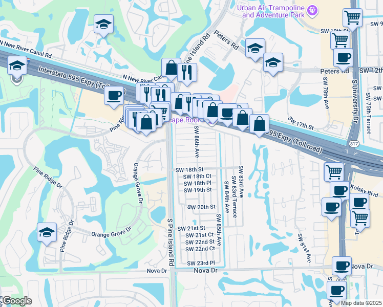 map of restaurants, bars, coffee shops, grocery stores, and more near 8600 Southwest 17th Court in Davie