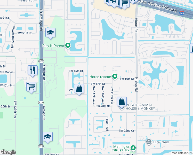 map of restaurants, bars, coffee shops, grocery stores, and more near 1721 Southwest 116th Avenue in Davie