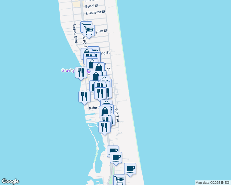 map of restaurants, bars, coffee shops, grocery stores, and more near 1816 Gulf Boulevard in South Padre Island
