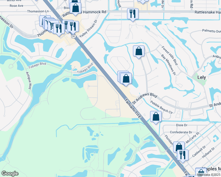 map of restaurants, bars, coffee shops, grocery stores, and more near Tamiami Trail E in Naples