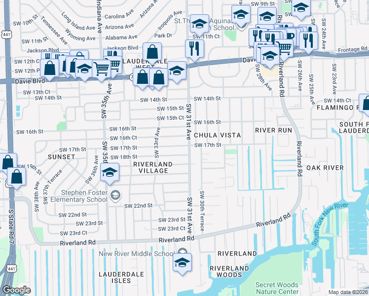 map of restaurants, bars, coffee shops, grocery stores, and more near 1750 Southwest 31st Avenue in Fort Lauderdale