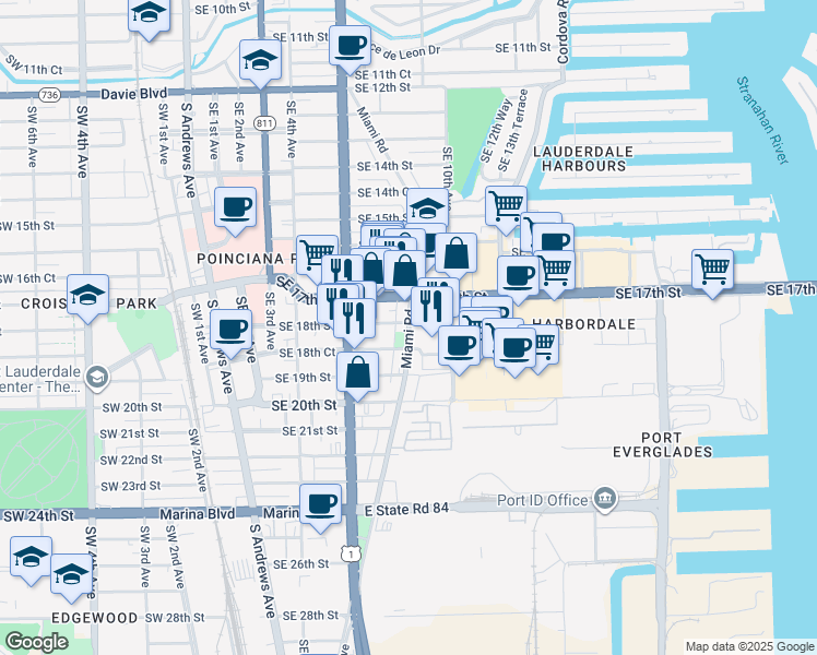 map of restaurants, bars, coffee shops, grocery stores, and more near Miami Road in Fort Lauderdale