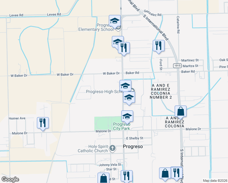 map of restaurants, bars, coffee shops, grocery stores, and more near 217 J R Becerra Avenue in Weslaco