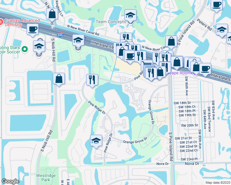 map of restaurants, bars, coffee shops, grocery stores, and more near 9440 Poinciana Place in Davie