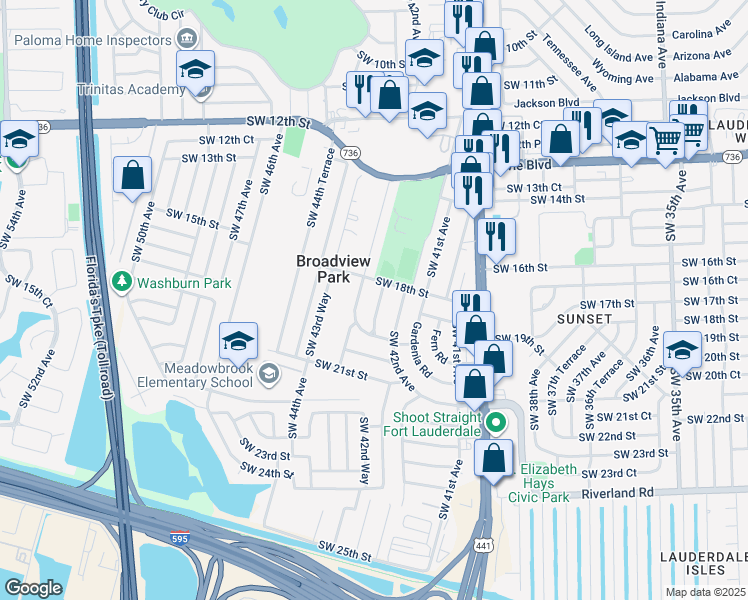 map of restaurants, bars, coffee shops, grocery stores, and more near 1801 Southwest 43rd Avenue in Fort Lauderdale