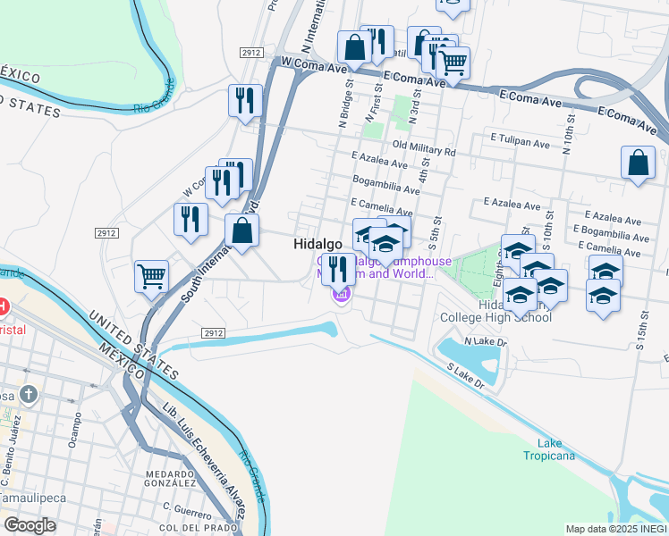 map of restaurants, bars, coffee shops, grocery stores, and more near 601 South 1st Street in Hidalgo
