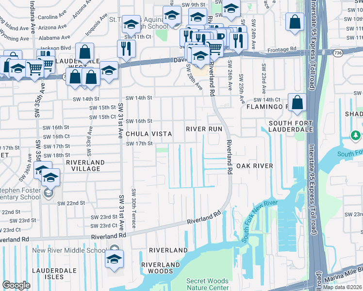 map of restaurants, bars, coffee shops, grocery stores, and more near 1656 Southwest 28th Way in Fort Lauderdale