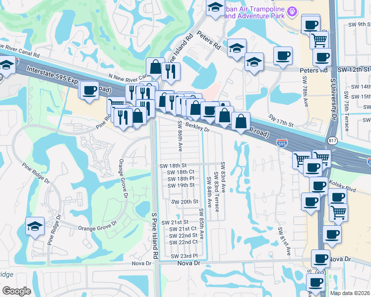 map of restaurants, bars, coffee shops, grocery stores, and more near 8581 Southwest 16th Court in Davie