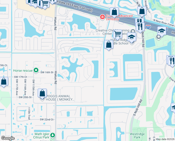 map of restaurants, bars, coffee shops, grocery stores, and more near 1576 Southwest 108th Terrace in Davie