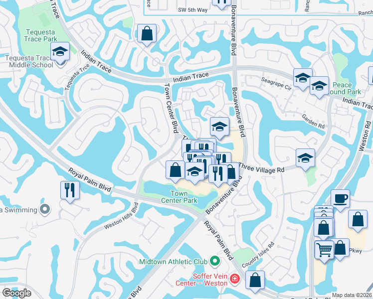 map of restaurants, bars, coffee shops, grocery stores, and more near 1551 Passion Vine Circle in Weston
