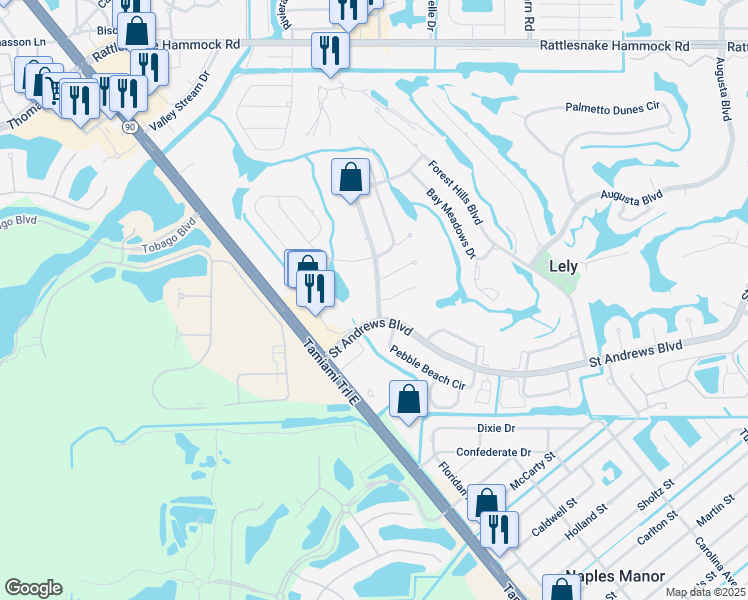 map of restaurants, bars, coffee shops, grocery stores, and more near 32 Pebble Beach Boulevard in Naples